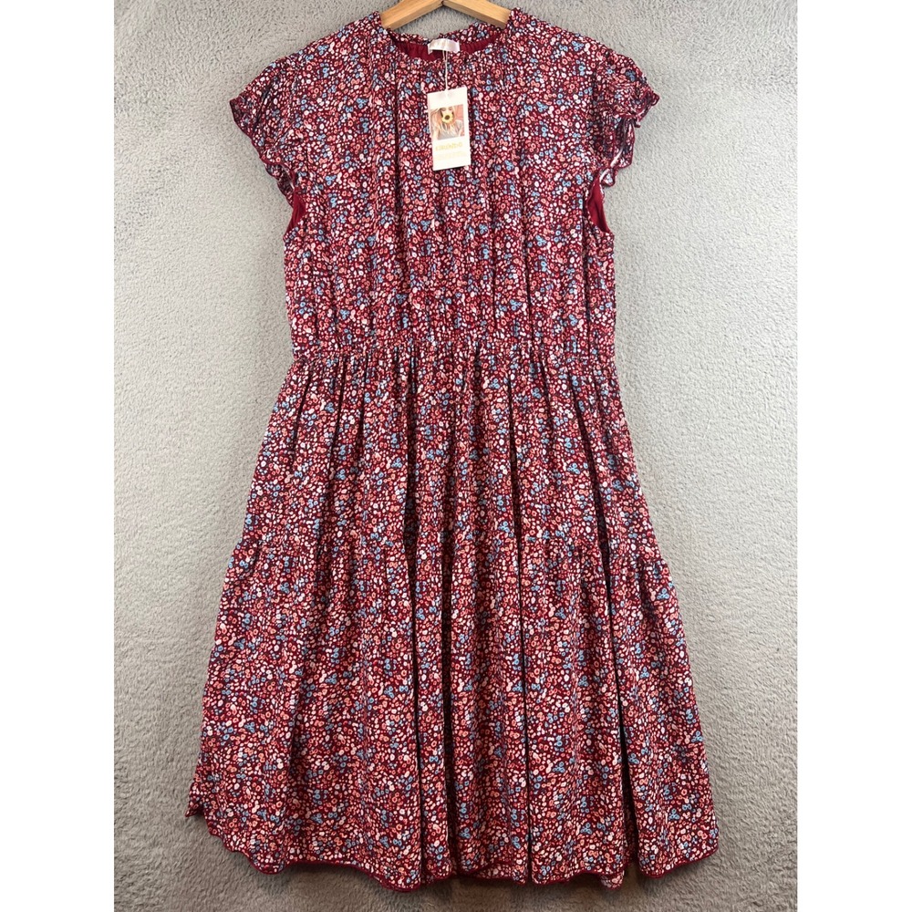 New Kirundo Floral Midi Dress Red Blue Ditsy Print Ruffle Neck Cap Sleeve  Large